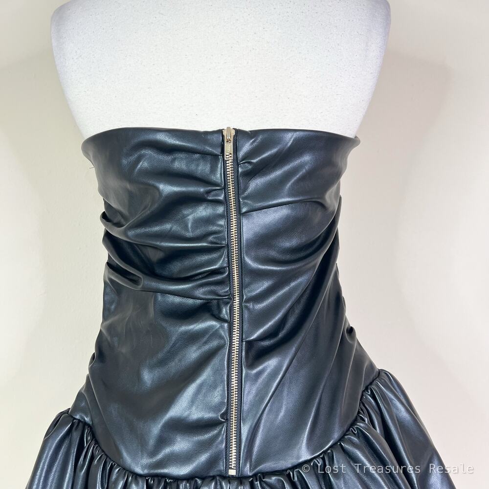 AKIRA | Black Faux Leather Bubble Hem Fitted Drop Waist Strapless Mini Dress XL - Picture 7 of 11